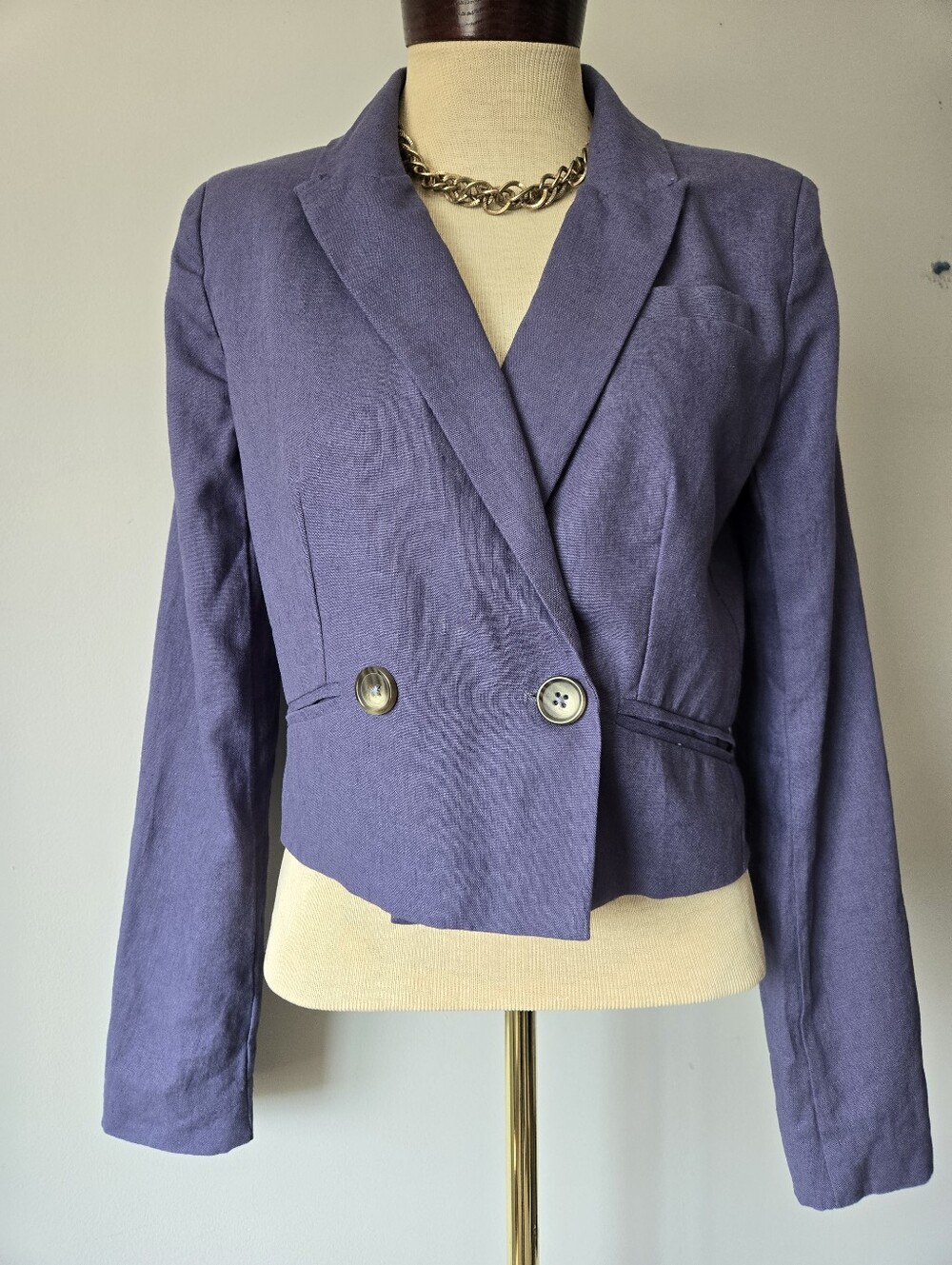Jason Wu Linen Blue Cropped Double-Button Blazer. Size Small